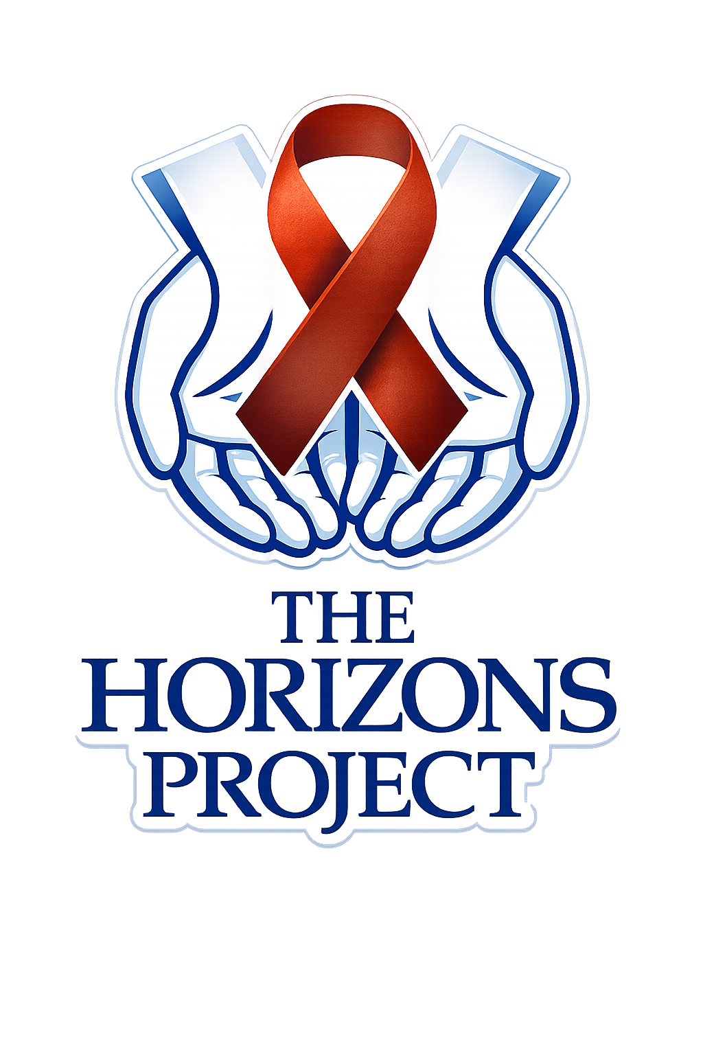 horizons project logo with two blue hands and a red ribbon
