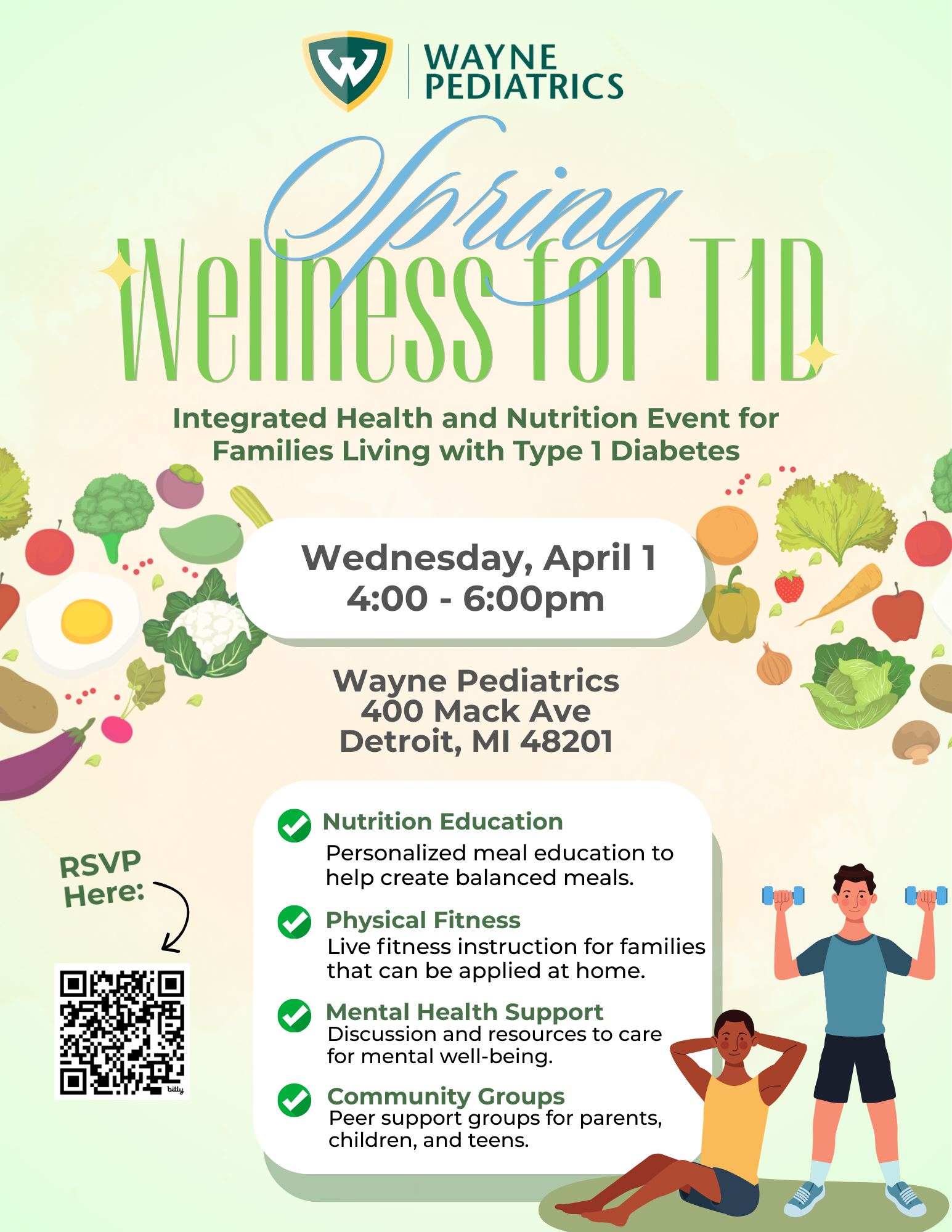 t1d spring wellness event flyer with vegetables and people exercising